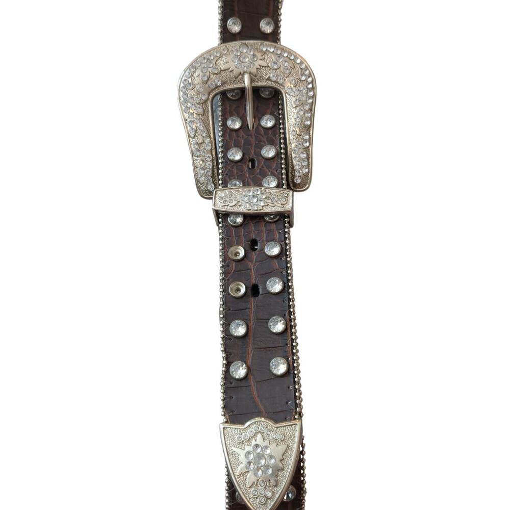 Western Belt Bling Rhinestones & Studs Heavy Genuine Brown Leather Women XL - Picture 4 of 6
